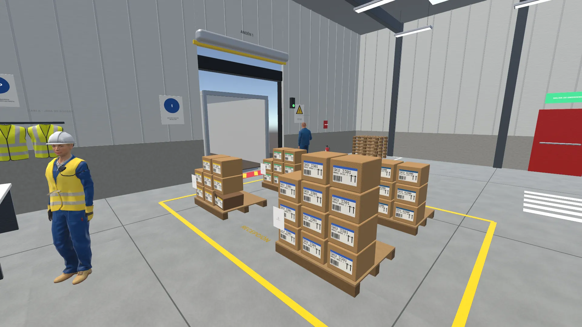 Centro de distribución virtual con pallets en la zona de recepción, la jefa de bodega y un camión en el andén