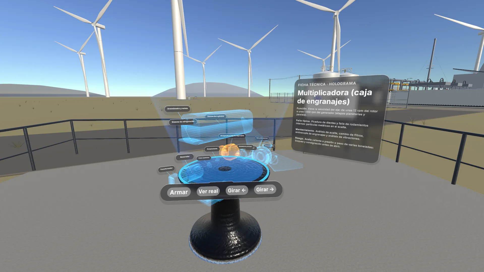Holograma interactivo de la góndola de un aerogenerador sobre una plataforma, con ficha técnica flotante y controles espaciales, en un parque eólico junto a una planta de hidrógeno verde
