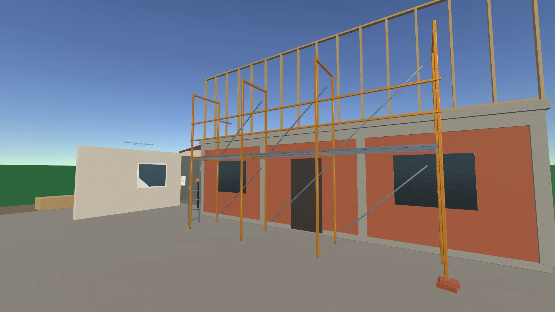 Obra virtual de una vivienda de dos pisos con andamio frontal en la fachada
