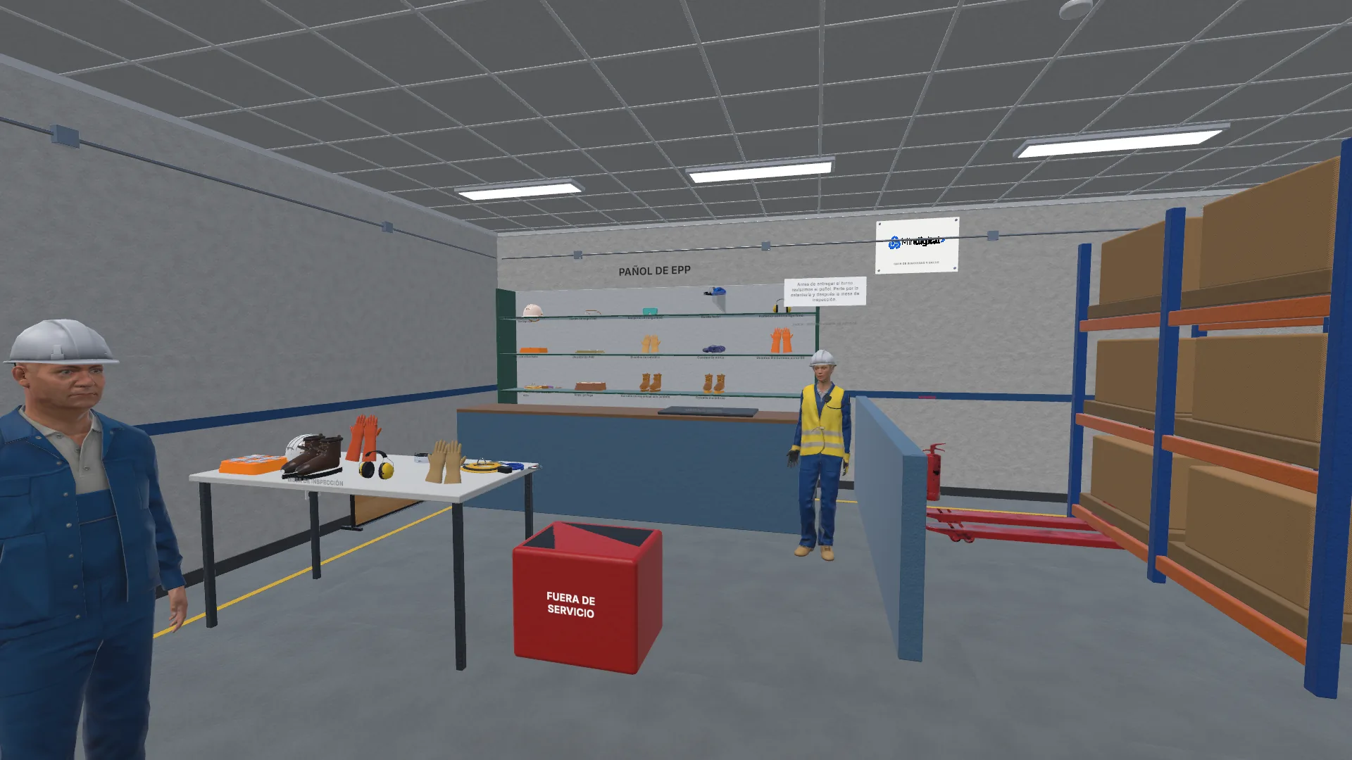 Pañol de EPP virtual con personajes realistas, mesón de equipos de protección y estanterías