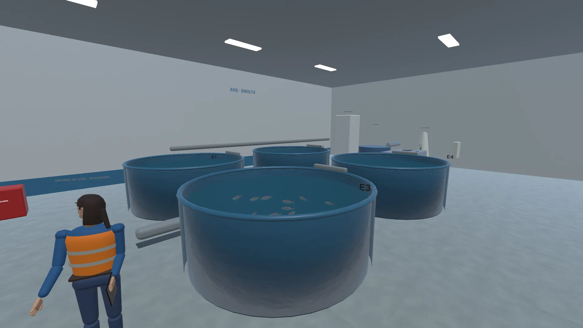 Piscicultura de recirculación virtual con cuatro estanques circulares de smolts y la línea de tratamiento de agua