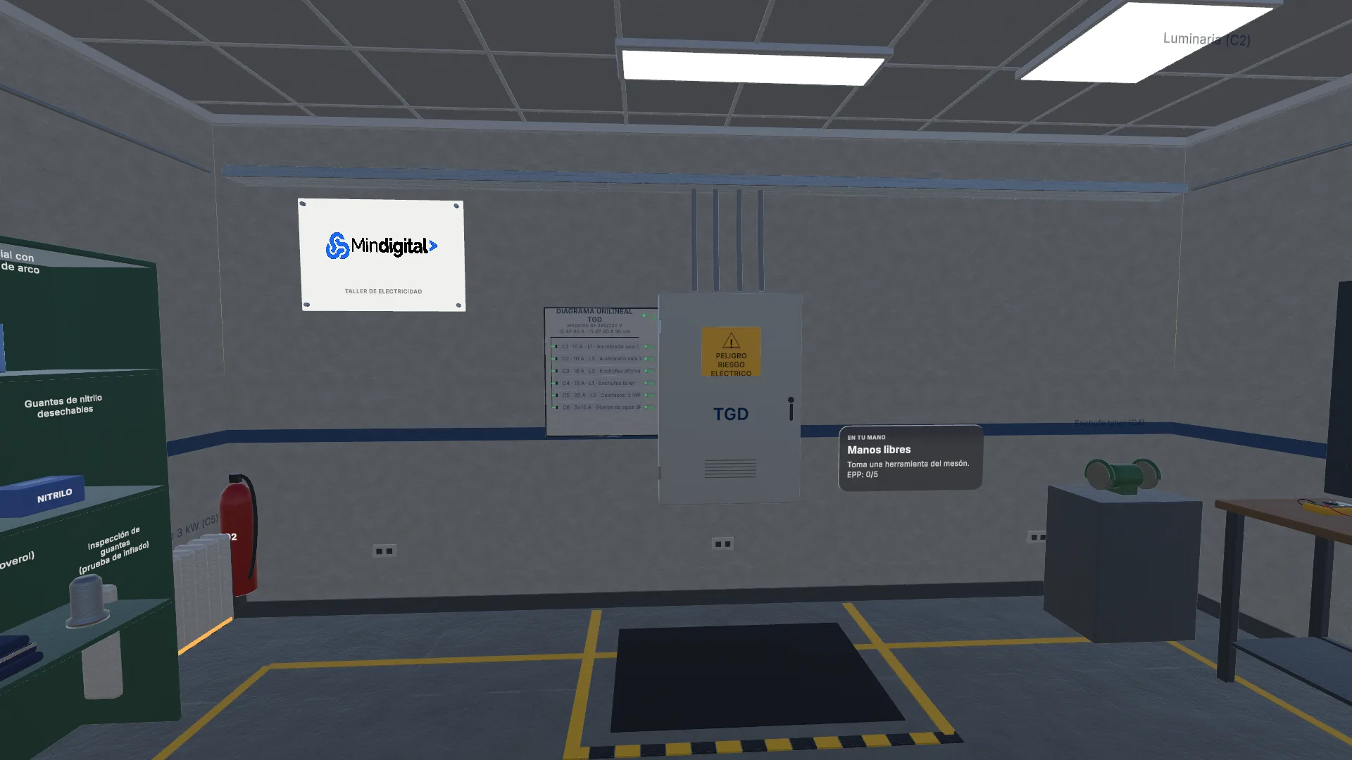 Sala eléctrica virtual con tablero general de distribución, diagrama unilineal y estante de EPP