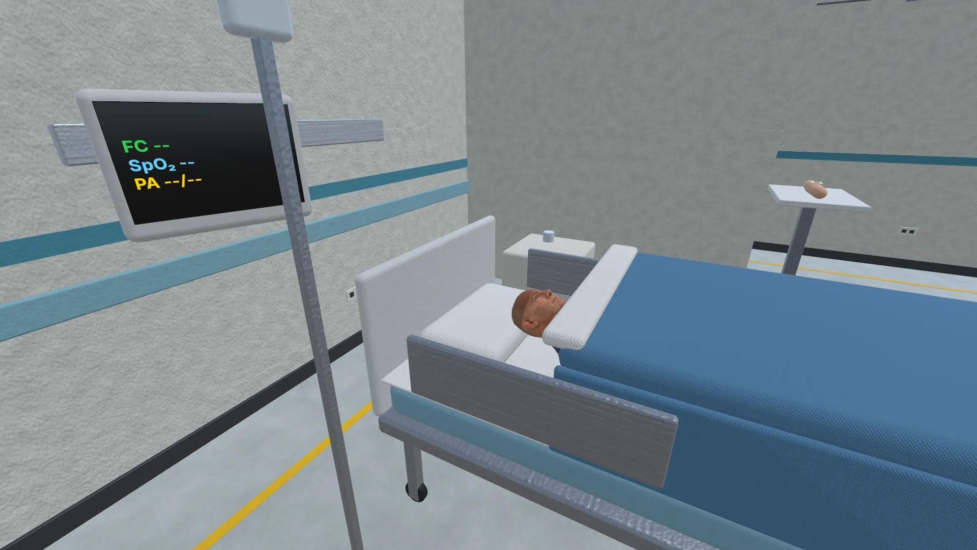 Sala de hospitalización virtual con un paciente en cama clínica y monitor multiparámetros