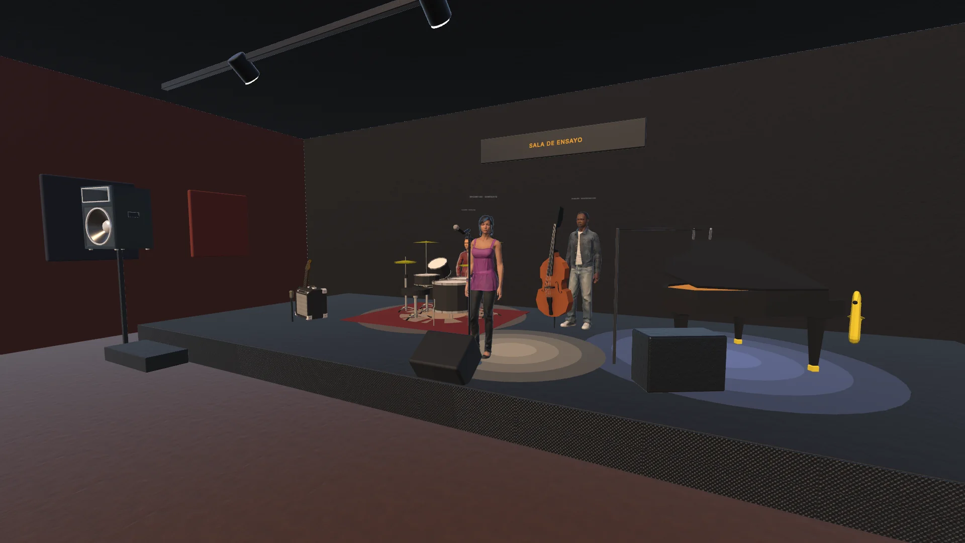 Sala de ensayo virtual con cantante, baterista, contrabajista y piano de cola sobre un escenario iluminado