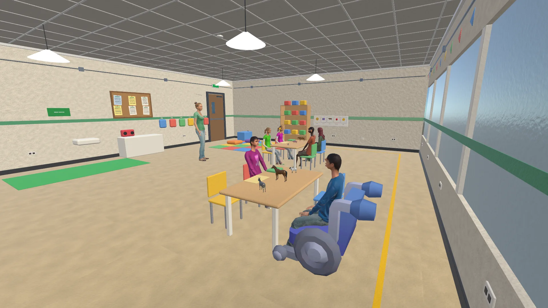 Sala de párvulos virtual con niños en mesas bajas, material para manipular y agenda visual con pictogramas