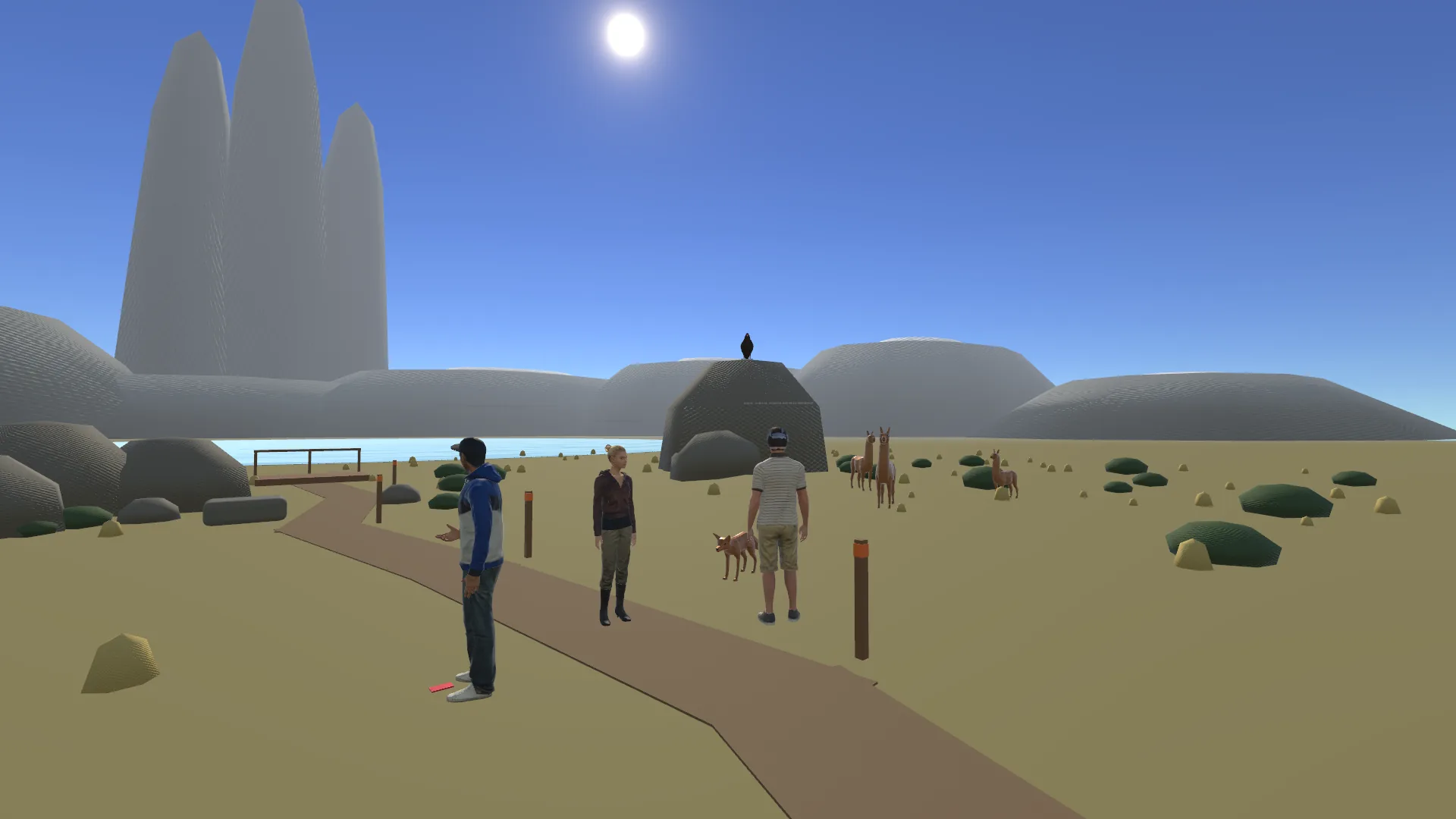 Grupo de turistas en un sendero patagónico virtual con guanacos, zorro culpeo, cóndor y torres de granito al fondo